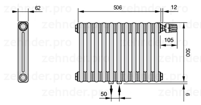 Схема (чертеж) Радиатор Zehnder Charleston 2050/11 №V008 Белый глянцевый RAL 9016